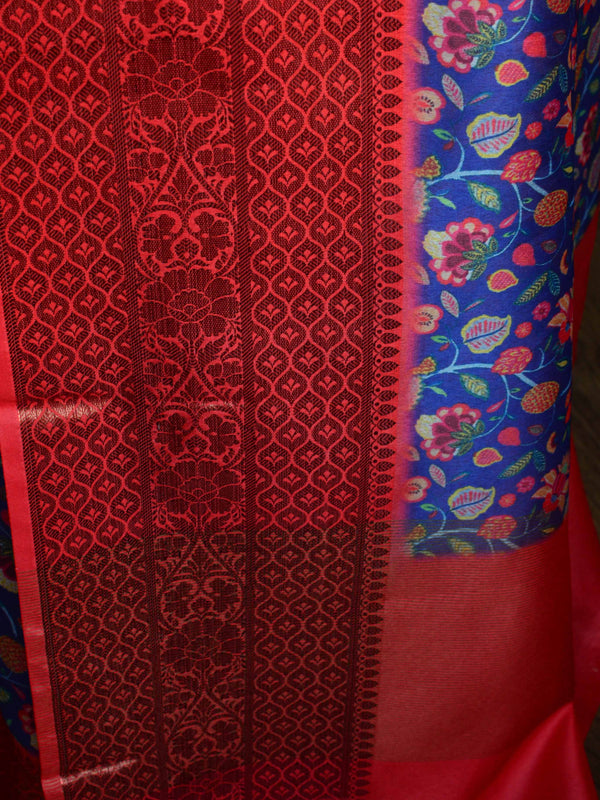 Banarasee Handwoven Semi Silk Saree With Digital Print & Broad Zari Border-Blue & Red