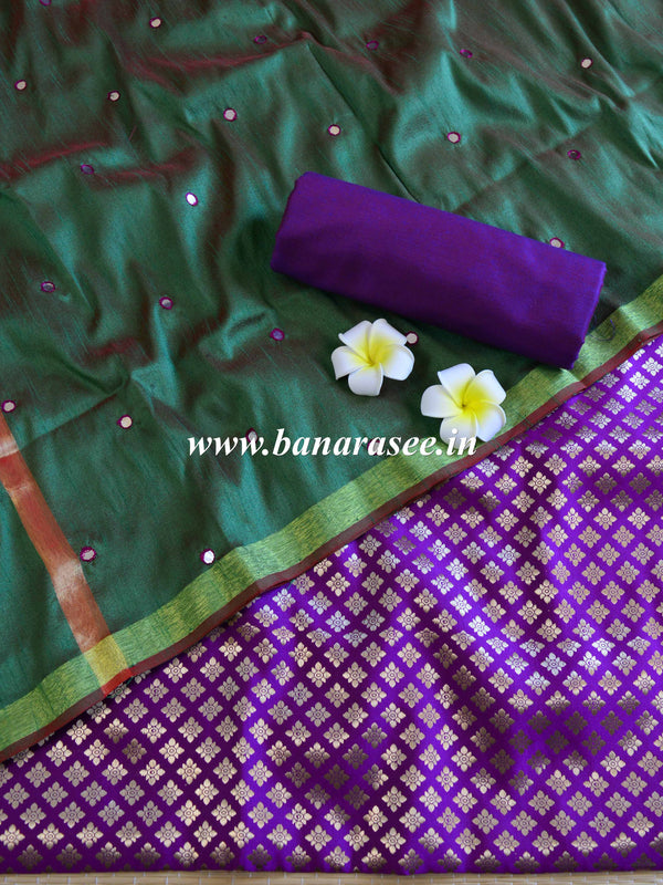 Banarasee Brocade Salwar Kameez Fabric With Mirror Work Dupatta-Green & Purple