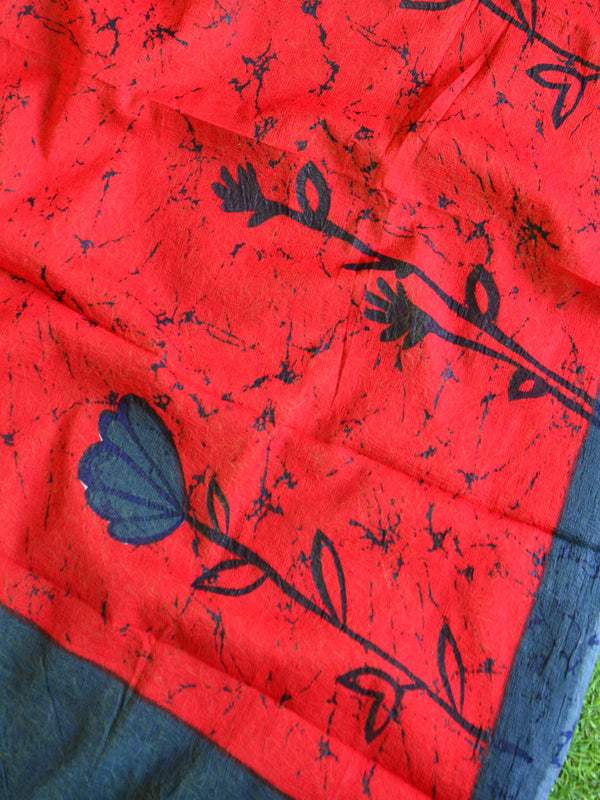 Handloom Mul Cotton Handblock Printed Salwar Kameez With Chiffon Dupatta-Red & Blue