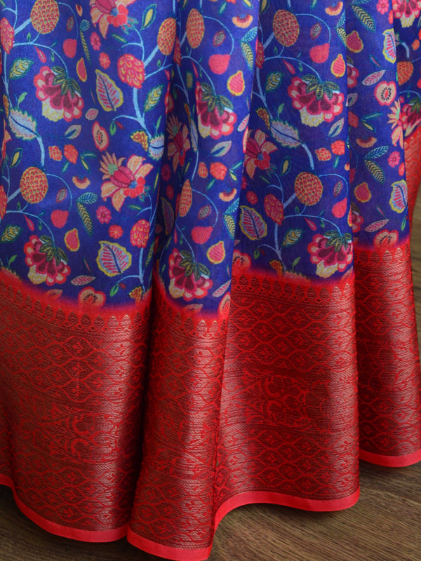 Banarasee Handwoven Semi Silk Saree With Digital Print & Broad Zari Border-Blue & Red