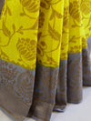 Banarasee Handwoven Semi Silk Saree With Contrast Border-Yellow & Grey