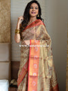 Banarasee Handwoven Tissue Saree With Red Zari Border-Gold & Red