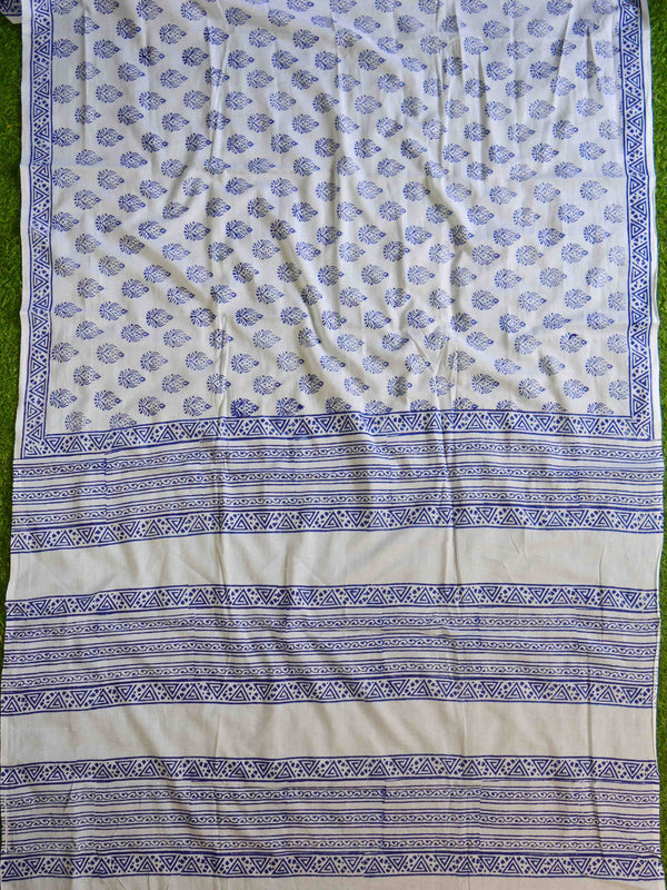 Handloom Mul Cotton Handblock Print Saree-White