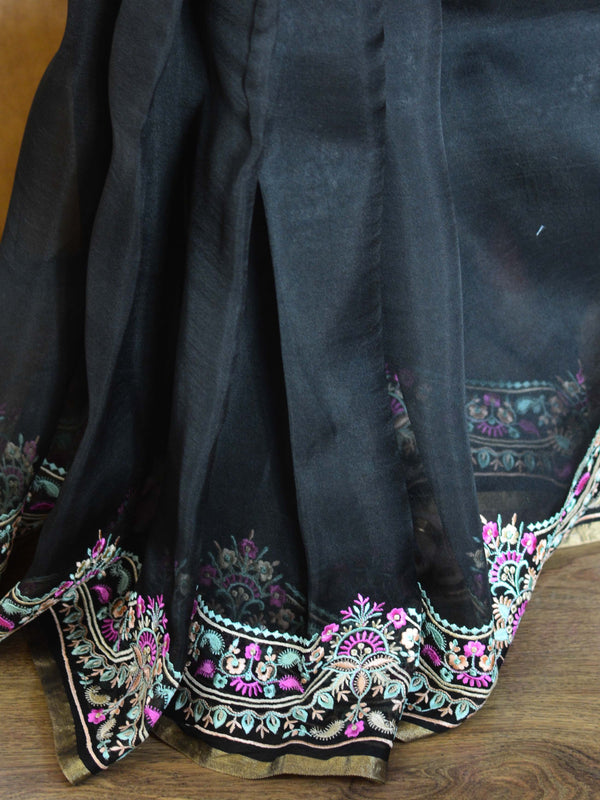 Banarasee Pure Organza Silk Saree With Embroidery-Black
