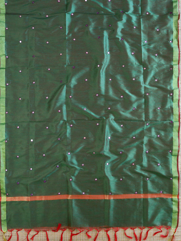 Banarasee Brocade Salwar Kameez Fabric With Mirror Work Dupatta-Green & Purple