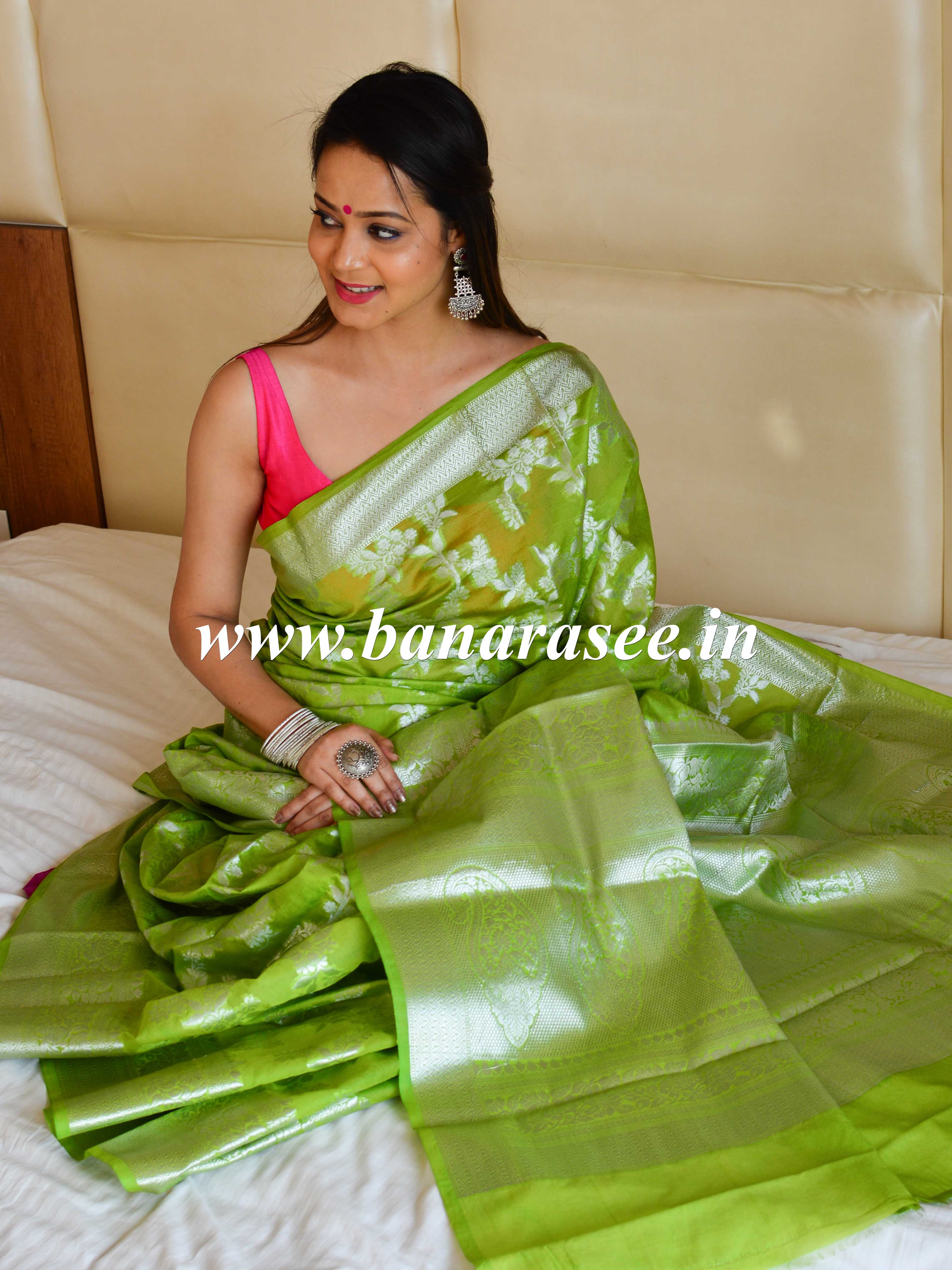 Banarasee Handwoven Semi-Chiffon Saree With Zari Jaal Work & Floral Border-Lime Green