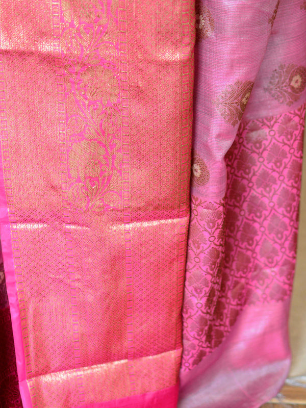 Banarasee Handwoven Antique Zari Buta & Border Saree Zari-Pink