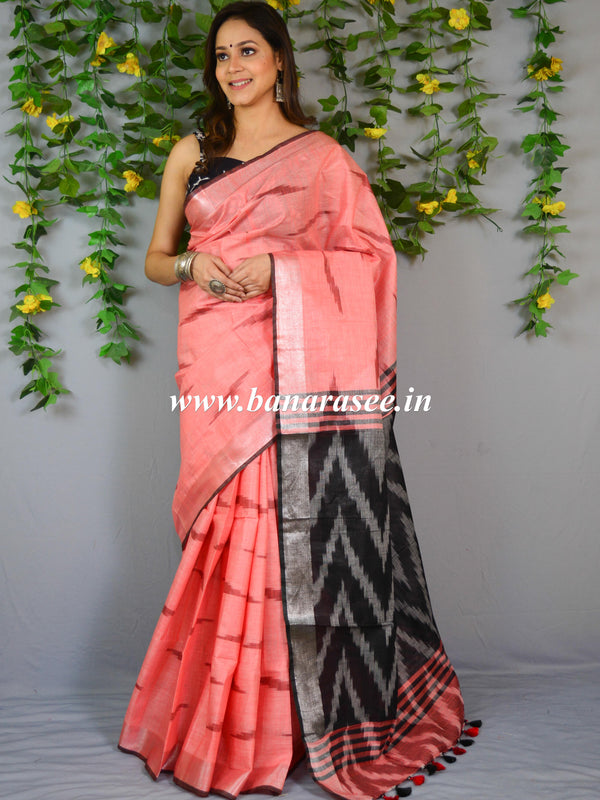 Banarasee Linen Cotton Ikkat Woven Saree-Peach