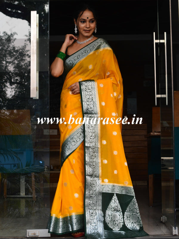 Banarasee Handwoven Semi-Chiffon Saree With Silver Zari Buti Design & Contrast Border-Yellow & Green