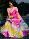 Bhagalpur Handloom Pure Linen Cotton Hand-Dyed Shibori Pattern Saree-Pink & Yellow