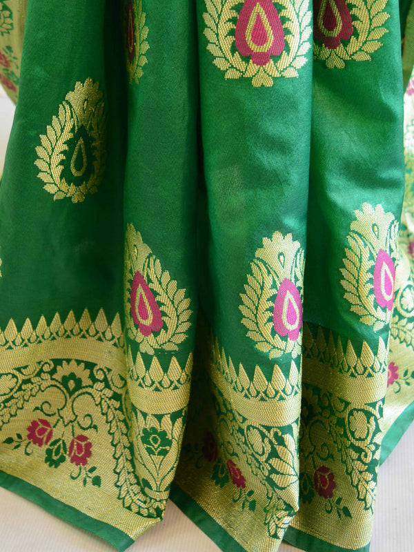 Banarasee Handwoven Semi Silk Saree With Zari Buta Design-Green & Pink