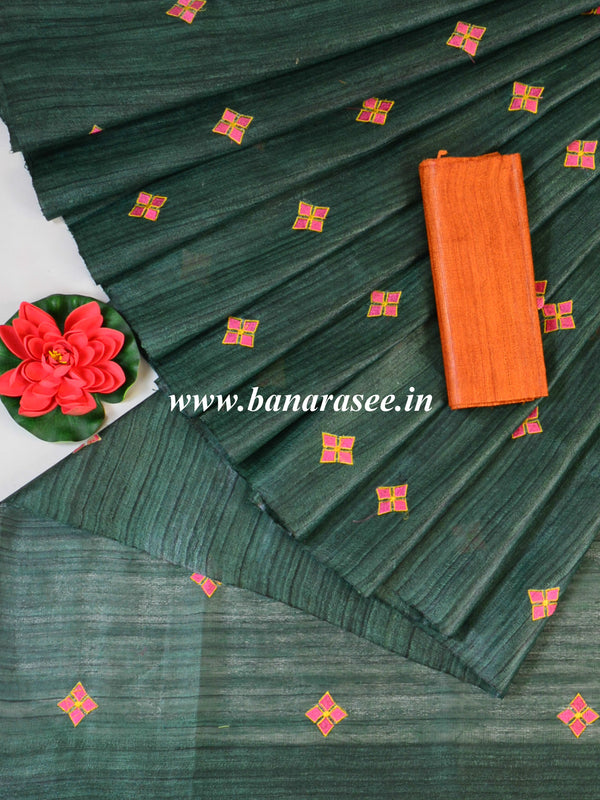 Bhagalpuri Handwoven Pure Tussar Silk Embroidered Sari-Green & Rust