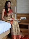 Banarasee Handwoven Tissue Saree With Red Zari Border-Gold & Red