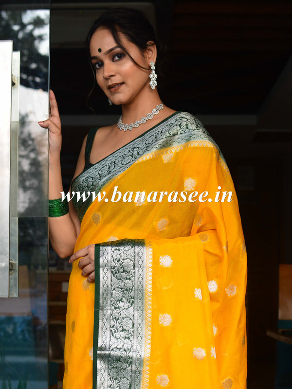 Banarasee Handwoven Semi-Chiffon Saree With Silver Zari Buti Design & Contrast Border-Yellow & Green