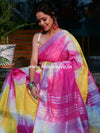 Bhagalpur Handloom Pure Linen Cotton Hand-Dyed Shibori Pattern Saree-Pink & Yellow