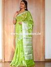 Banarasee Handwoven Semi-Chiffon Saree With Zari Jaal Work & Floral Border-Lime Green