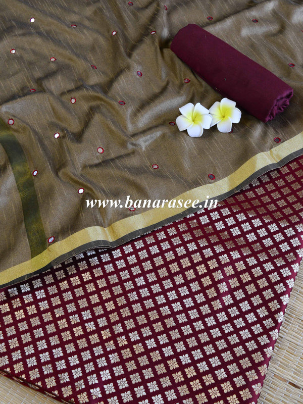 Banarasee Brocade Salwar Kameez Fabric With Mirror Work Dupatta-Maroon & Brown