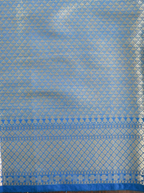 Banarasee Handwoven Pure Silk Cotton Saree With Zari Buti & Border-Azure Blue