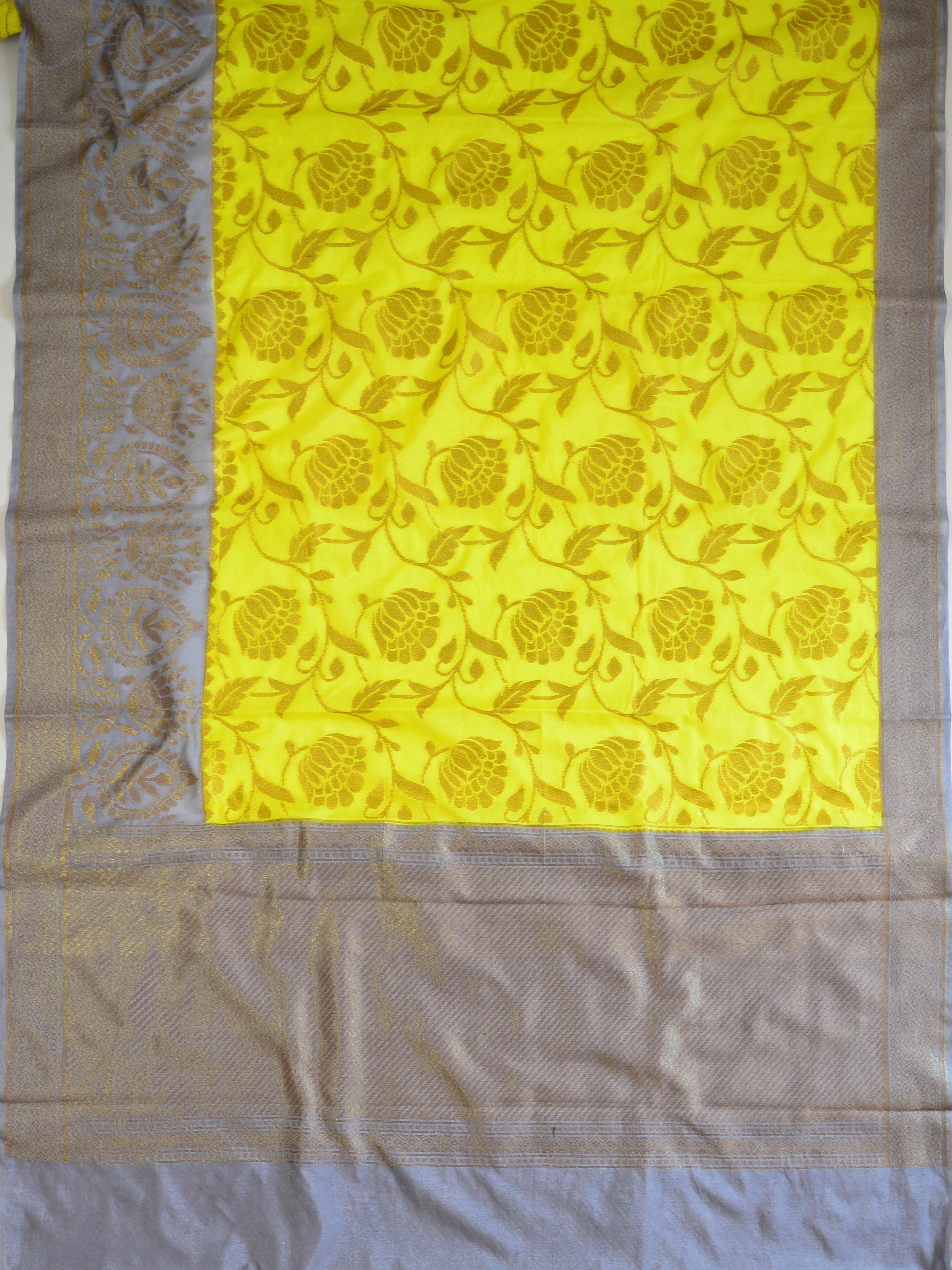 Banarasee Handwoven Semi Silk Saree With Contrast Border-Yellow & Grey