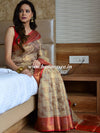 Banarasee Handwoven Tissue Saree With Red Zari Border-Gold & Red