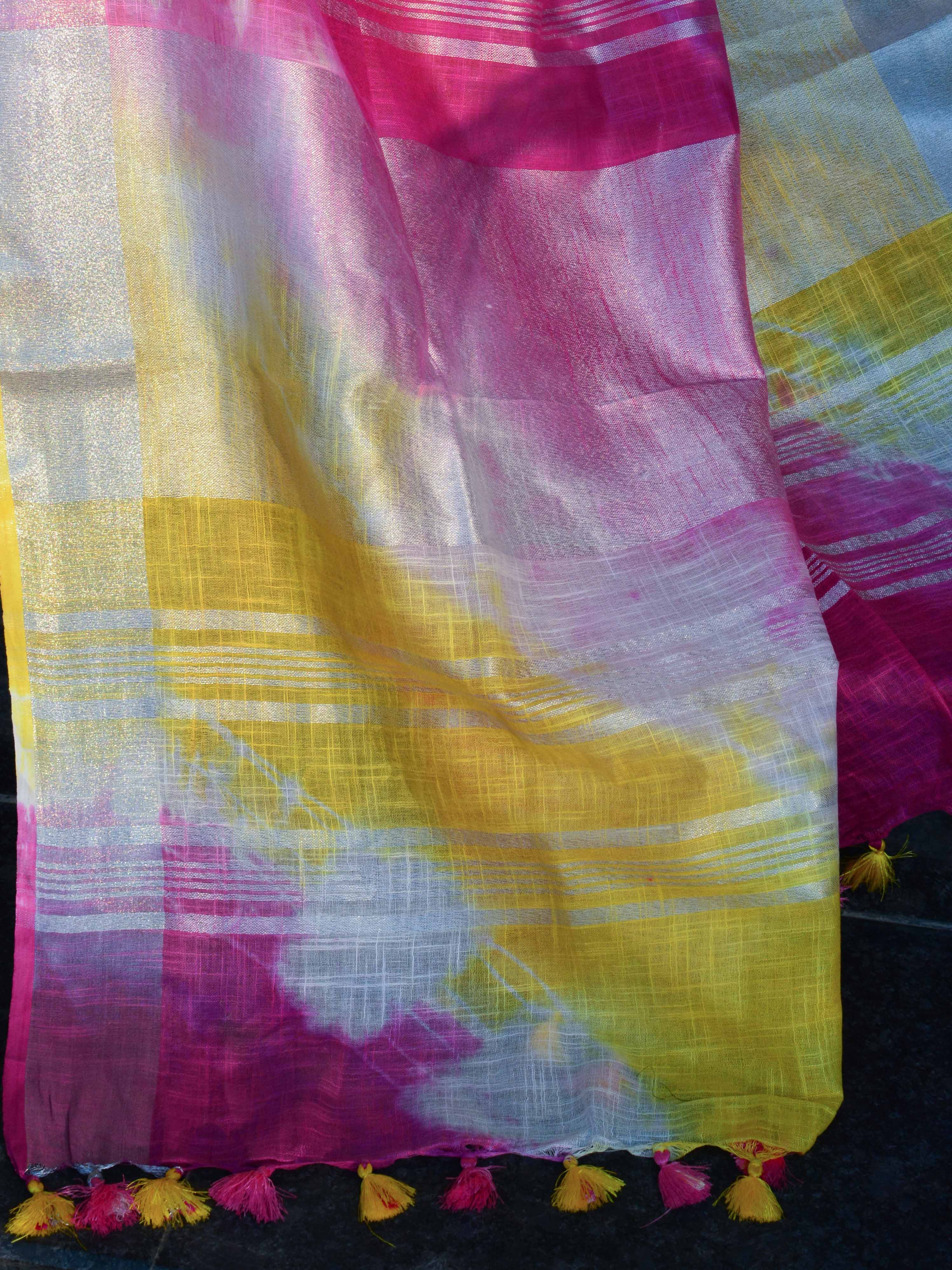 Bhagalpur Handloom Pure Linen Cotton Hand-Dyed Shibori Pattern Saree-Pink & Yellow