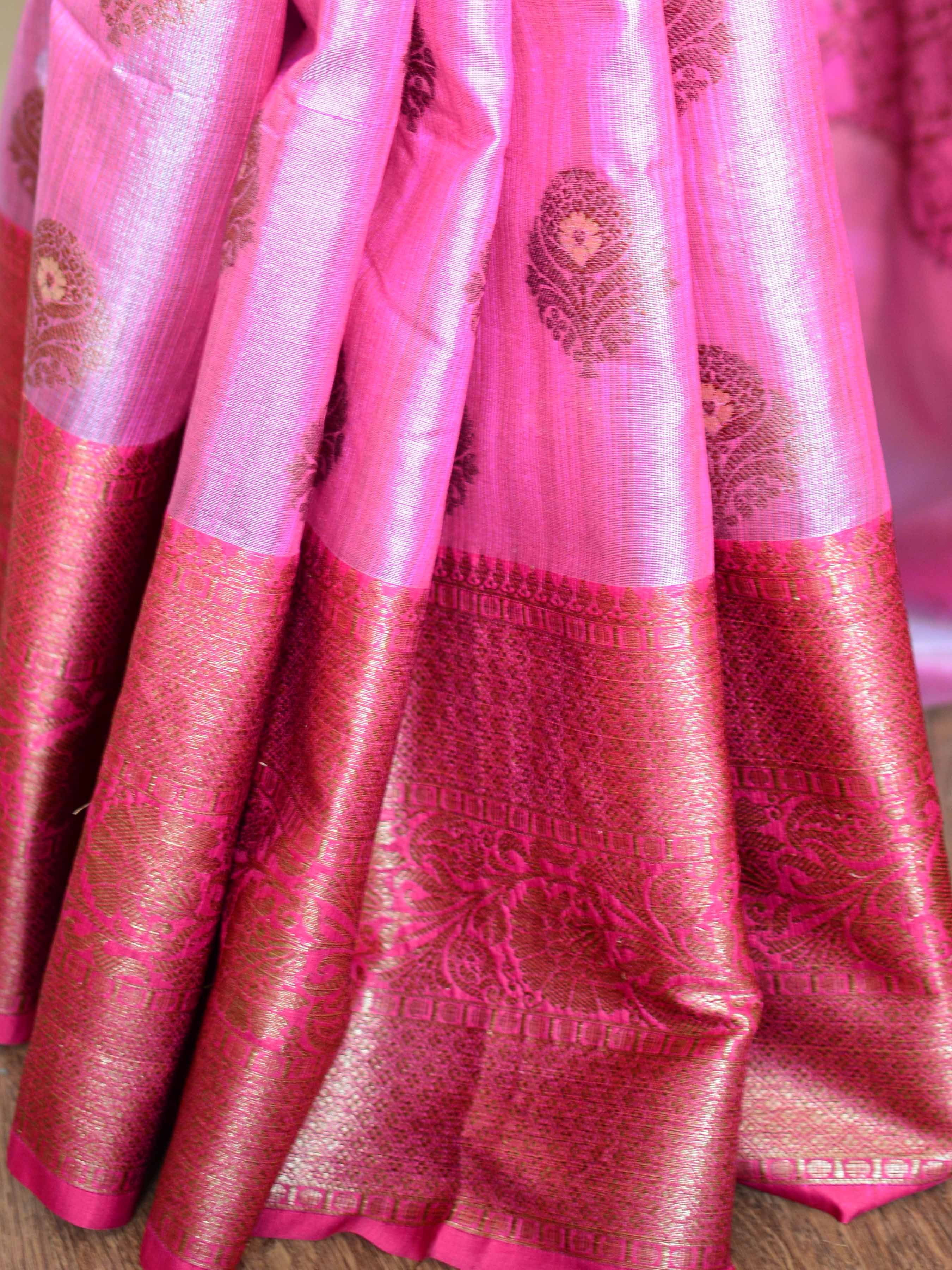 Banarasee Handwoven Antique Zari Buta & Border Saree Zari-Pink
