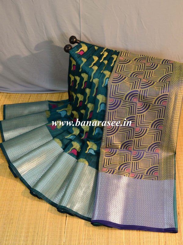 Banarasee Cotton Silk Mix Banswada Sari With Floral Buta & Skirt Border-Green