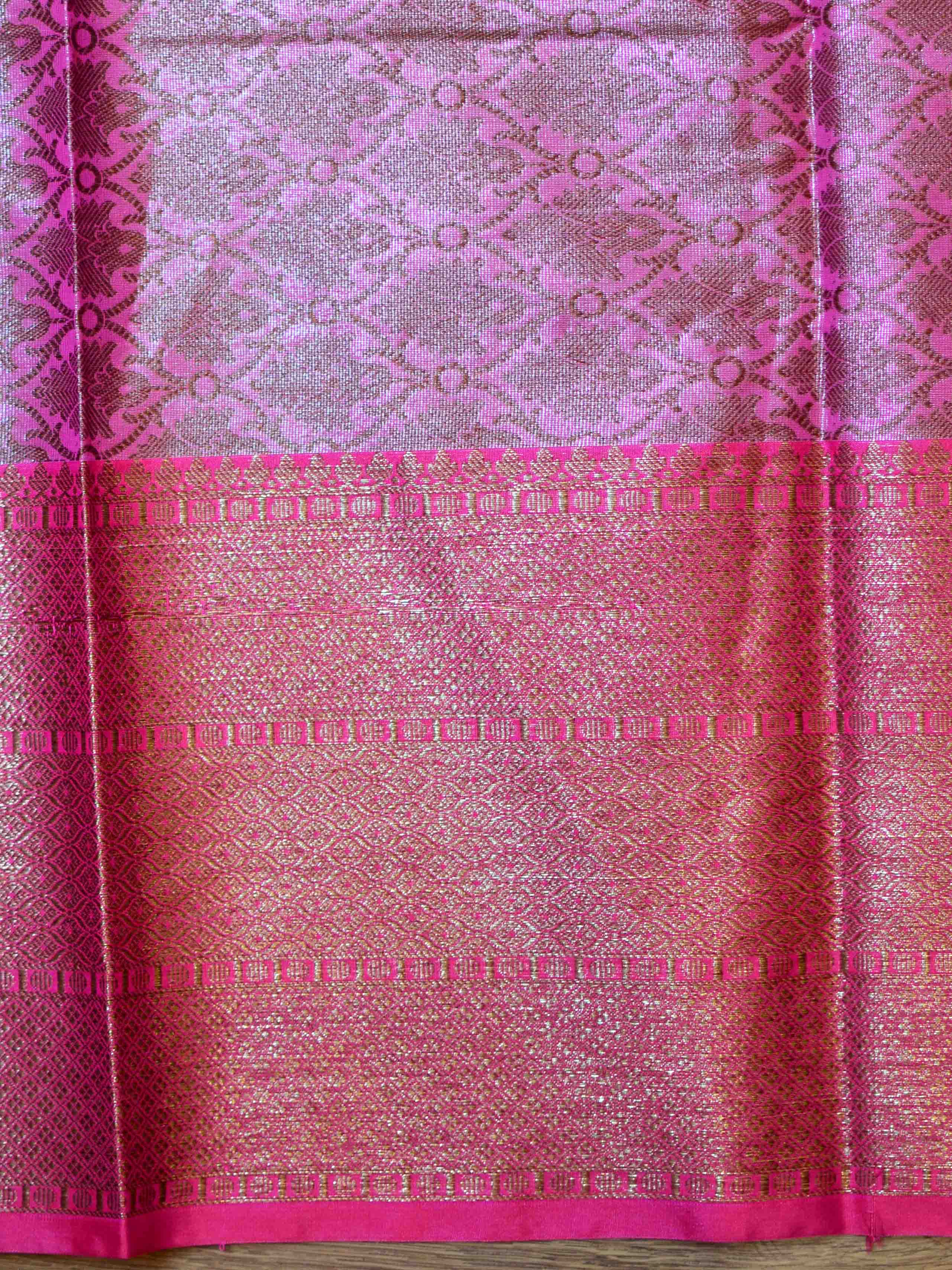 Banarasee Handwoven Antique Zari Buta & Border Saree Zari-Pink