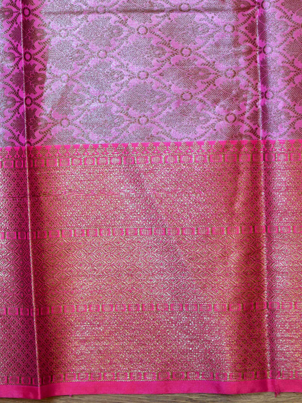 Banarasee Handwoven Antique Zari Buta & Border Saree Zari-Pink
