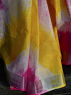 Bhagalpur Handloom Pure Linen Cotton Hand-Dyed Shibori Pattern Saree-Pink & Yellow