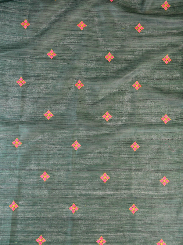 Bhagalpuri Handwoven Pure Tussar Silk Embroidered Sari-Green & Rust