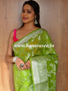 Banarasee Handwoven Semi-Chiffon Saree With Zari Jaal Work & Floral Border-Lime Green