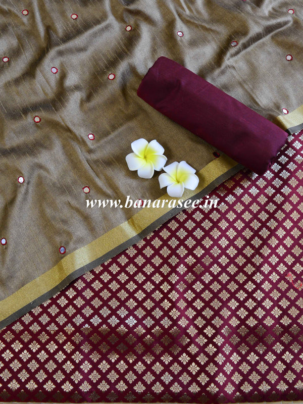 Banarasee Brocade Salwar Kameez Fabric With Mirror Work Dupatta-Maroon & Brown