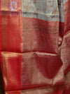 Banarasee Handwoven Tissue Saree With Red Zari Border-Gold & Red