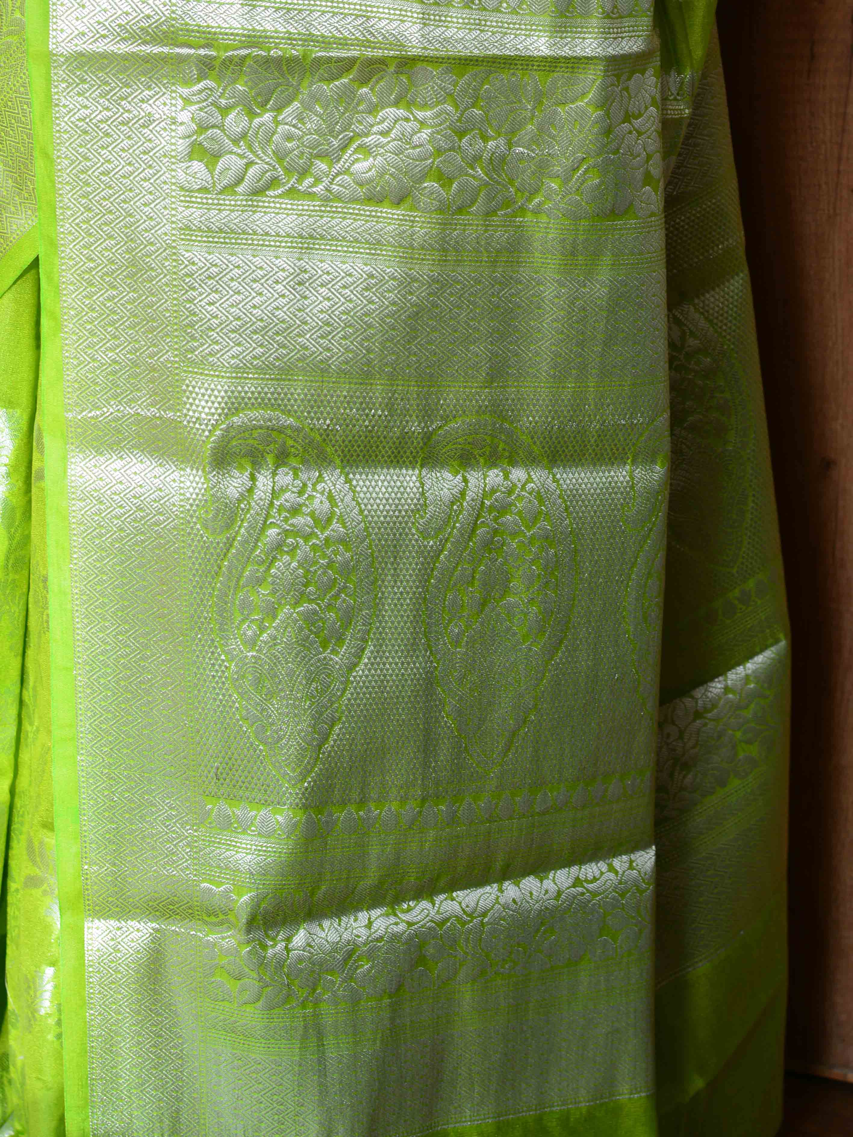 Banarasee Handwoven Semi-Chiffon Saree With Zari Jaal Work & Floral Border-Lime Green