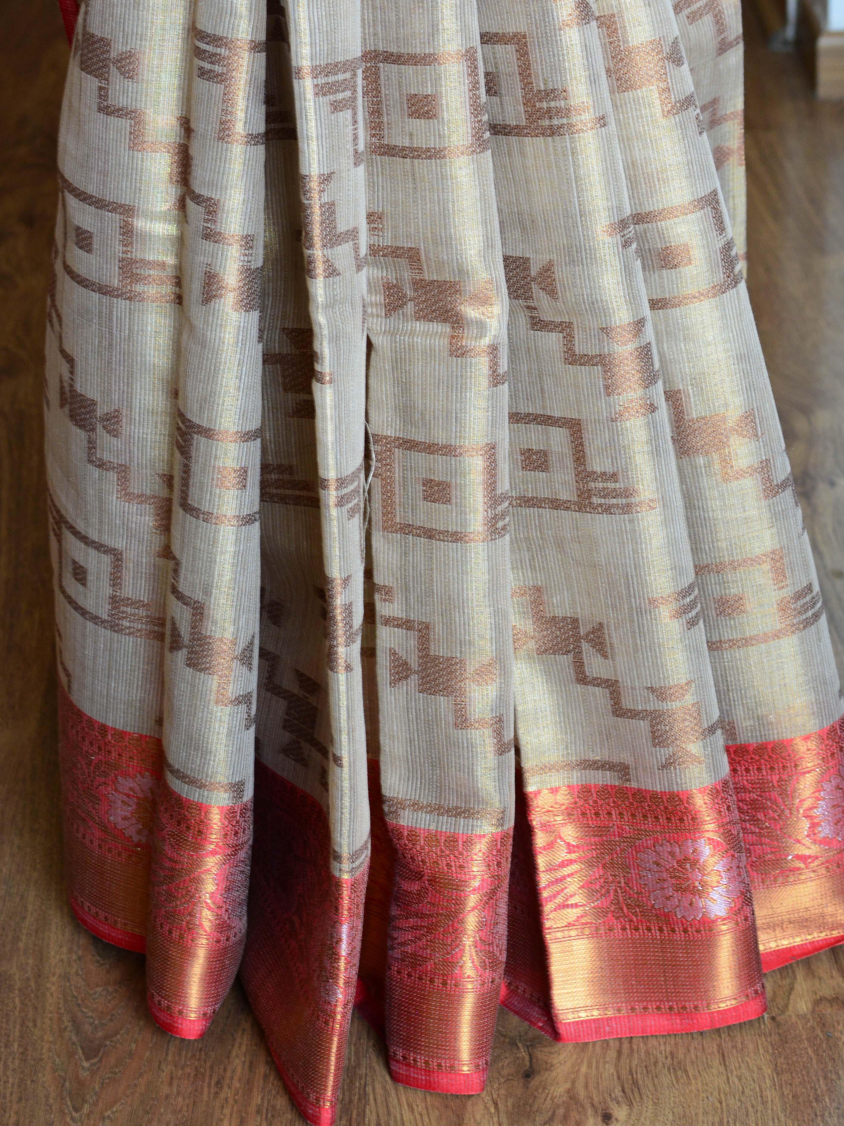 Banarasee Handwoven Tissue Saree With Red Zari Border-Gold & Red