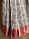 Banarasee Handwoven Tissue Saree With Red Zari Border-Gold & Red