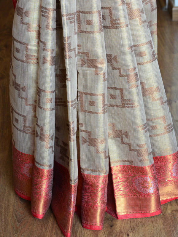 Banarasee Handwoven Tissue Saree With Red Zari Border-Gold & Red