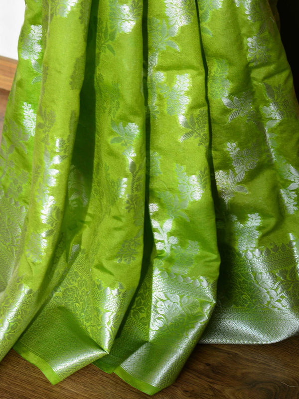 Banarasee Handwoven Semi-Chiffon Saree With Zari Jaal Work & Floral Border-Lime Green