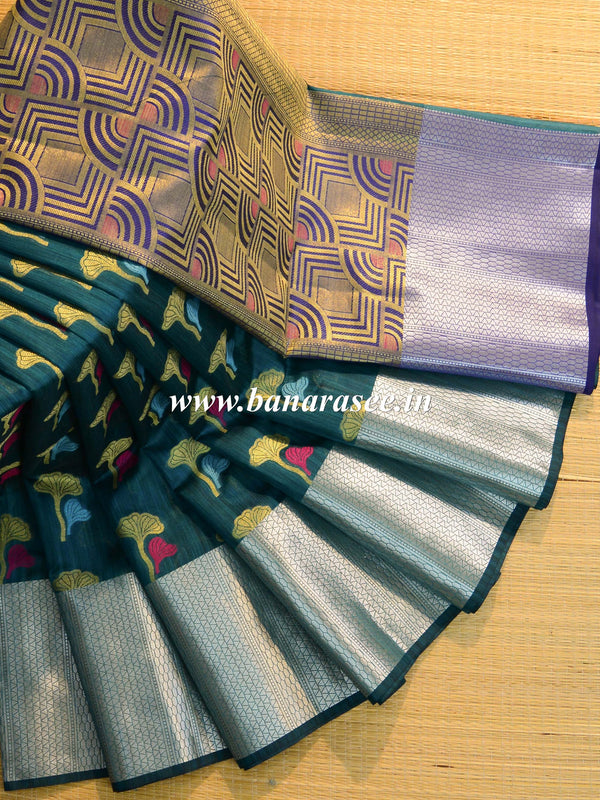Banarasee Cotton Silk Mix Banswada Sari With Floral Buta & Skirt Border-Green