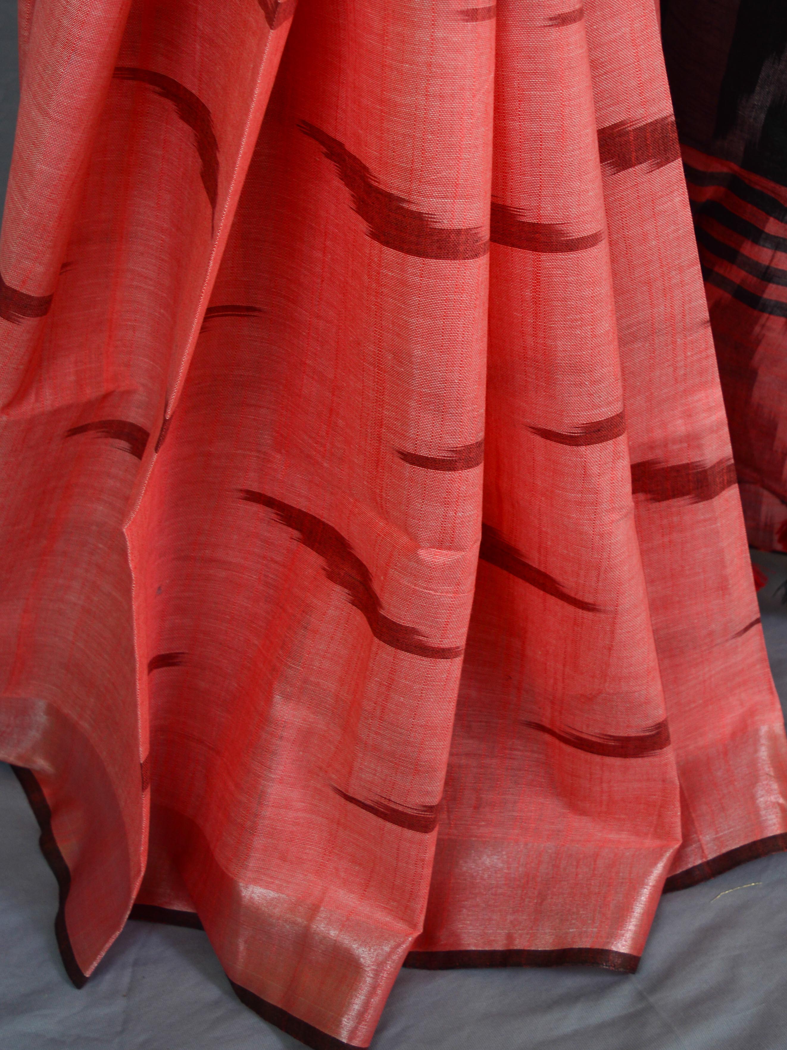 Banarasee Linen Cotton Ikkat Woven Saree-Peach