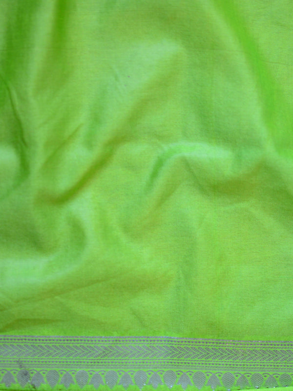 Banarasee Handwoven Semi-Chiffon Saree With Zari Jaal Work & Floral Border-Lime Green