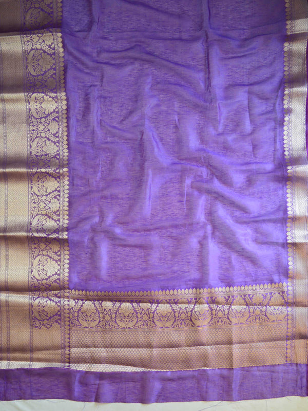 Banarasee Handloom Pure Linen Cotton Gold Zari Saree-Violet