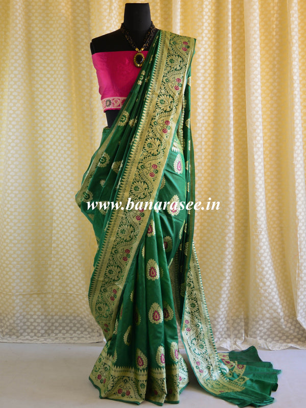 Banarasee Handwoven Semi Silk Saree With Zari Buta Design-Green & Pink