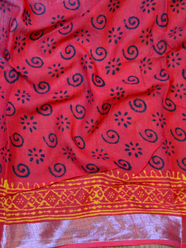 Banarasee Linen Cotton Bagru Hand-Block Printed Saree-Maroon