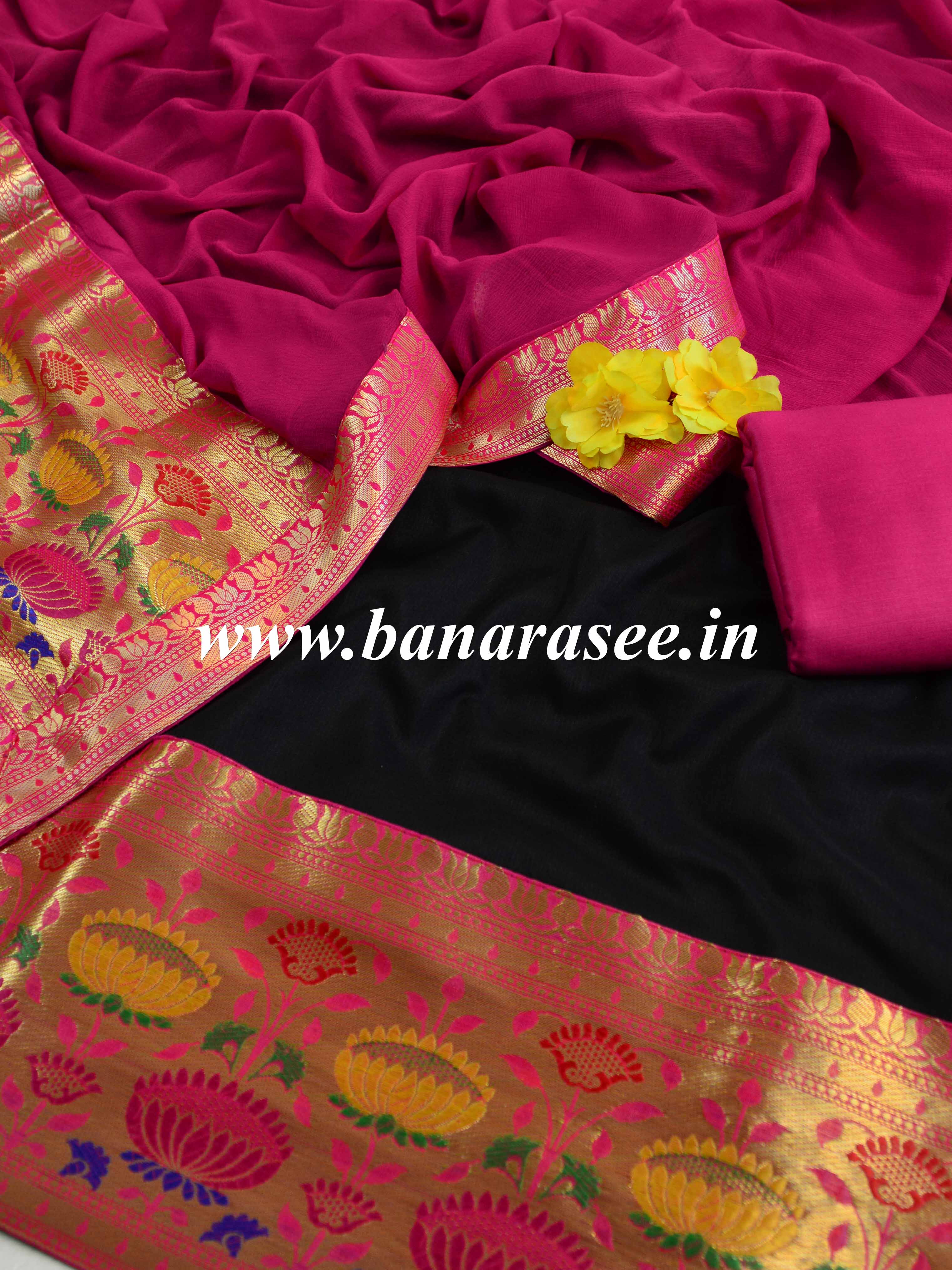 Banarasee Cotton Silk Salwar Kameez Fabric Paithani Border Design-Black & Pink