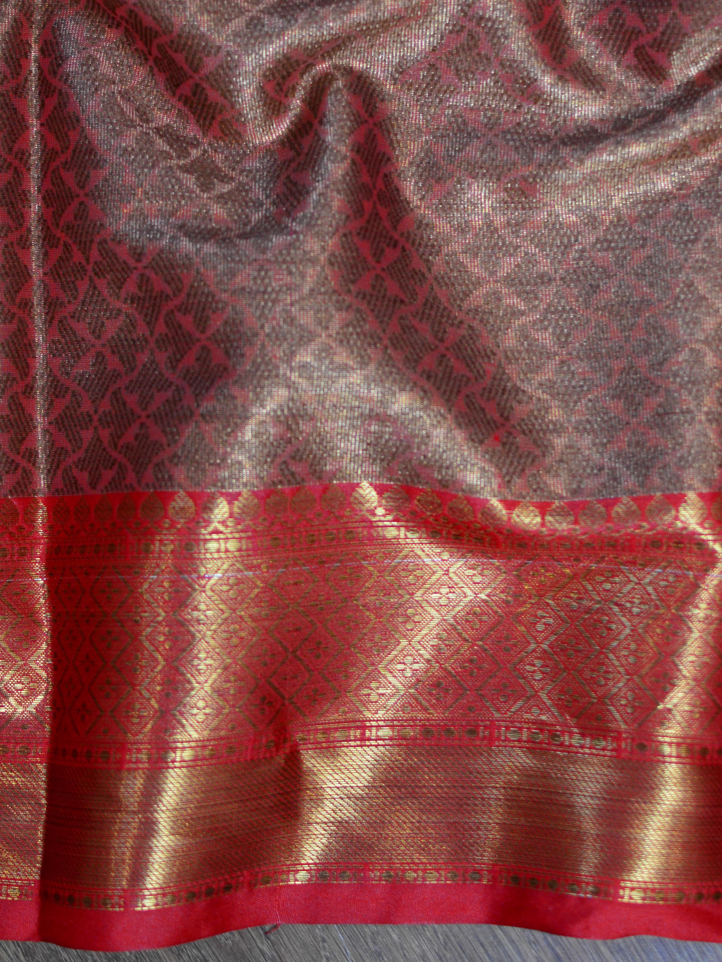Banarasee Handwoven Tissue Saree With Red Zari Border-Gold & Red