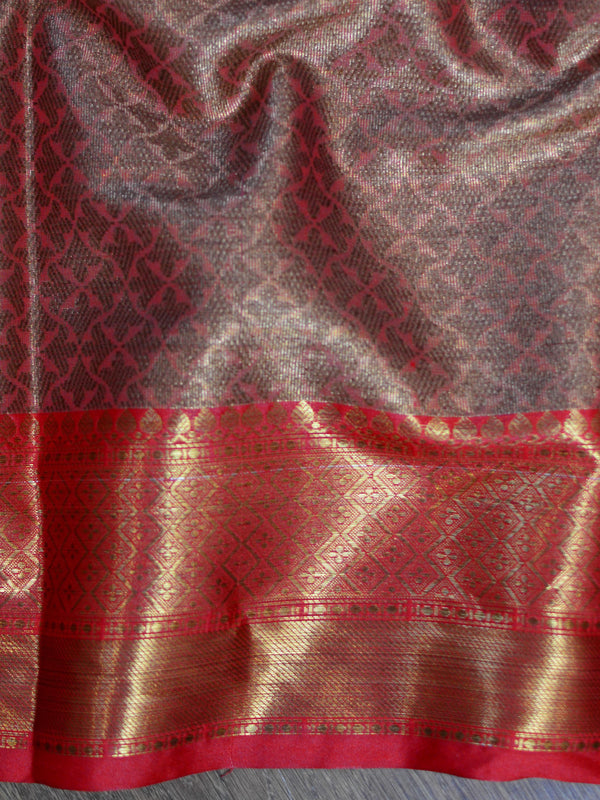 Banarasee Handwoven Tissue Saree With Red Zari Border-Gold & Red