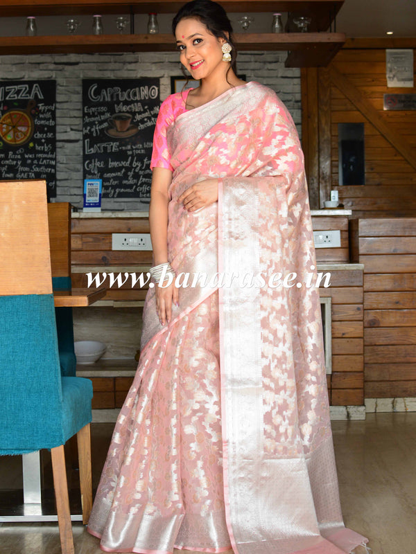 Banarasee Organza Mix Saree With Silver Zari-Peach