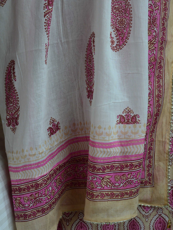 Pure Handloom Mul Cotton Sanganeri Block Printed Gotapatti Suit Set-Beige